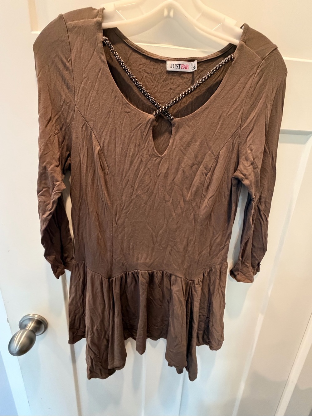 JustFab Brown Peplum Top Small Embellished Neckline Boho Stretch Blouse